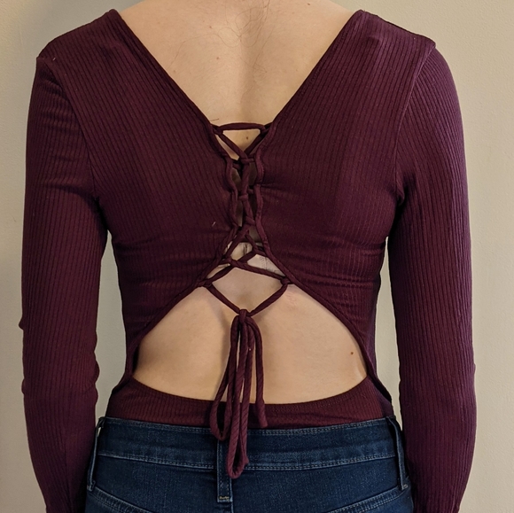 New, Forever 21 Maroon V-Neck Bodysuit With Lace up Back. Sz XSmall/Small - Picture 4 of 9